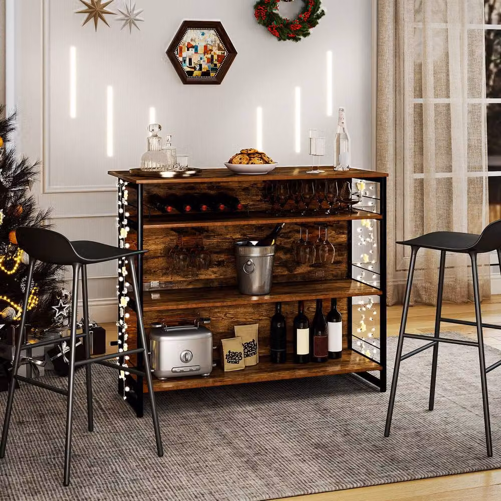 Costway 2-in-1 Industrial Home Bar Unit and Wine Cabinet with 4 Shelves and 4-Row Glass Holders in Brown – 6