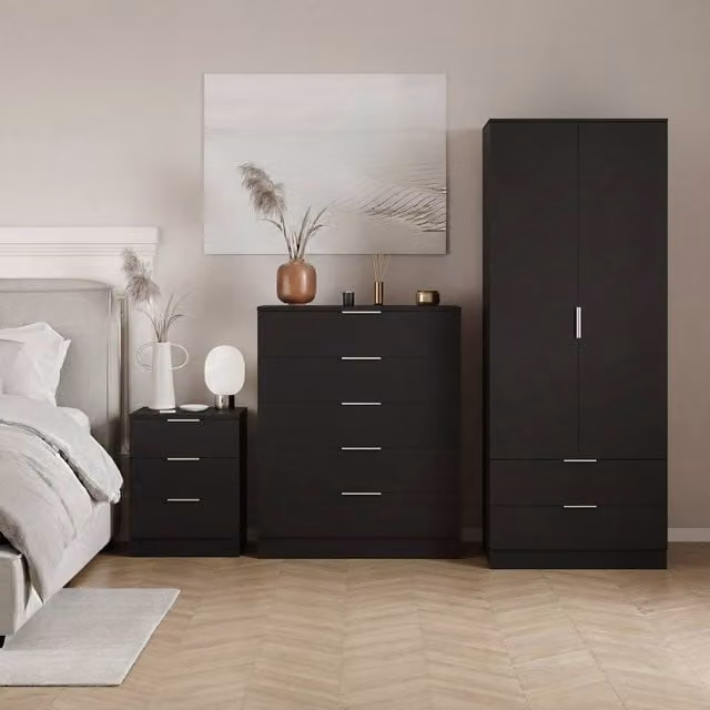 HD Designs Trega 3 Piece Black Modern Bedroom Set including Wardrobe, 5 Drawer Chest and 3 Bedside Tables