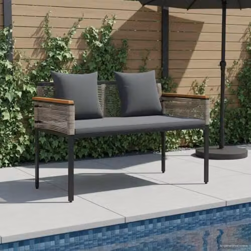 vidaXL 2-Seater Outdoor Poly Rattan Bench with Armrests in Grey, W: 117 cm, D: 54 cm, H: 74.5 cm – 2