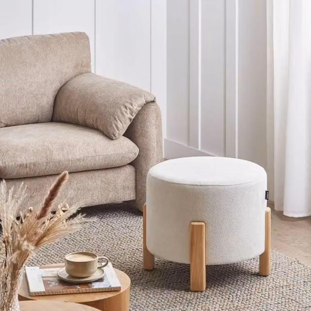 Wyld and Coco Off White Chenille Round Upholstered Pouffe with Eucalyptus Wood Legs