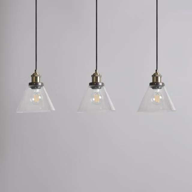 Litecraft Benji Industrial Cone Pendant Ceiling Light in Brass and Transparent Glass