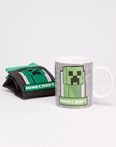 Minecraft Creeper Face Mug and Socks Gift Set for Kids in Green and Grey – 2