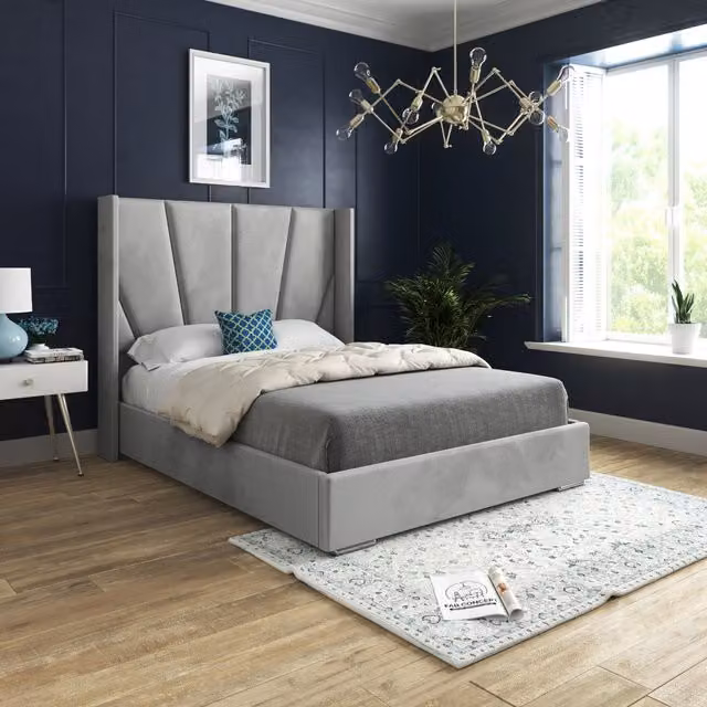 KDMD Cocoon Soft Velvet Upholstered Wide Curved Winged Bed Frame, Grey, Single, 90 x 190 cm