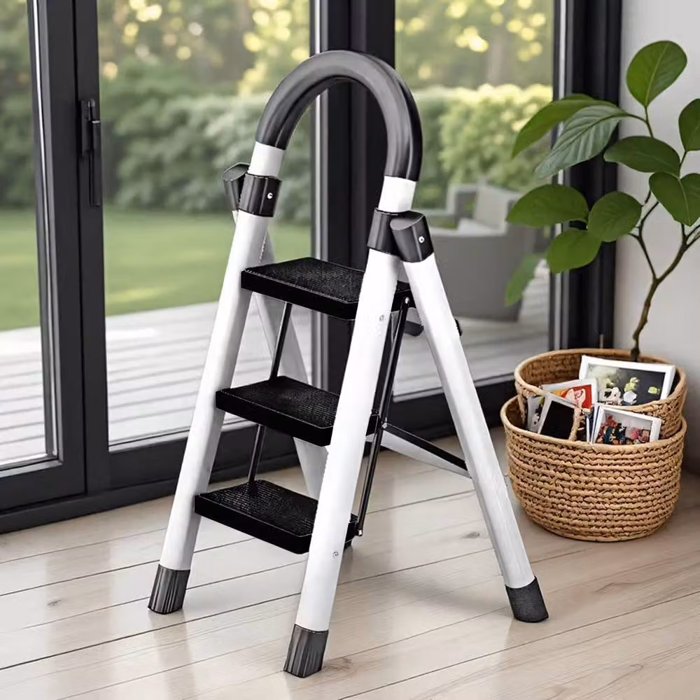 VOGREX 3-Step Folding Step Ladder with Handrail and Non-Slip Steps in White – 2