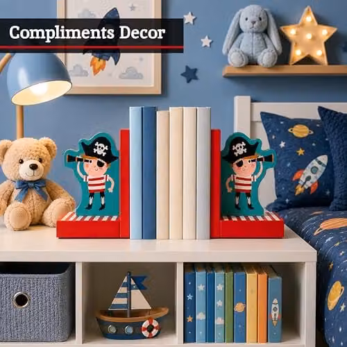 Premier Housewares Pirate Bookends Set of 2, Multicolour MDF Maritime Design for Children's Shelves, H: 16.0 cm, W: 13.0 cm, D: 10.0 cm – 5