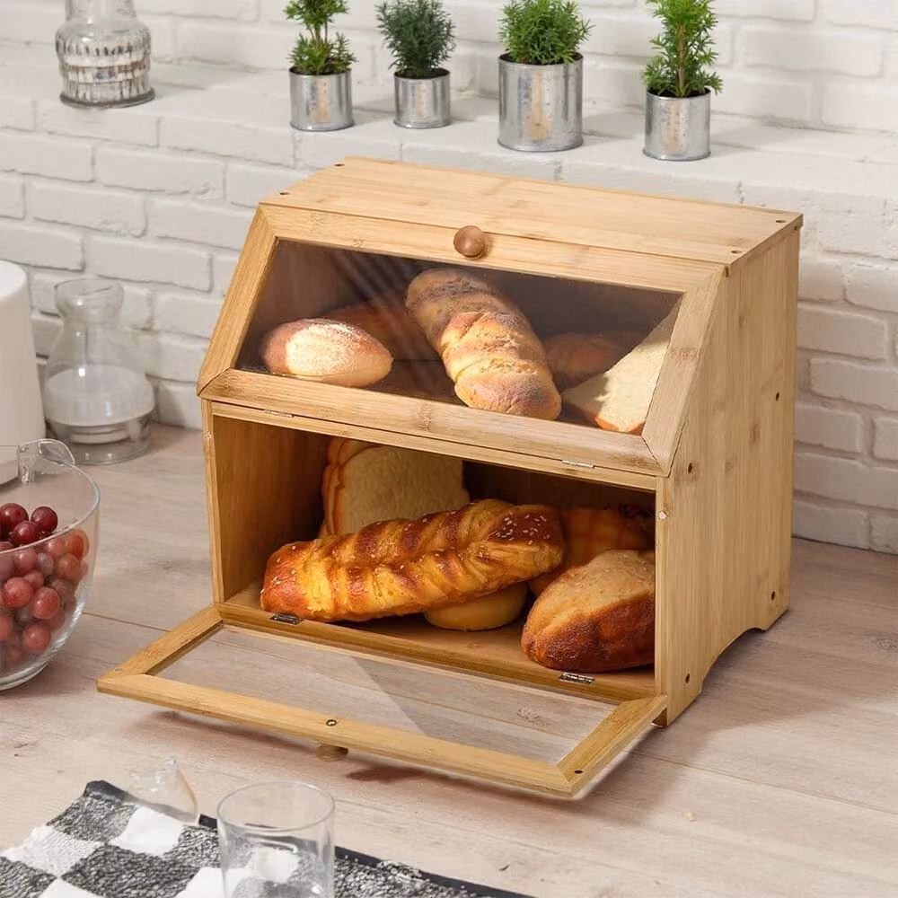 VOGREX Natural 2-Tier Bamboo Bread Storage Box in Brown and Beige – 3