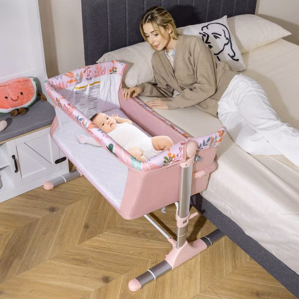 CASART Baby Bassinet Bedside Sleeper Crib with Adjustable Height in Pink Floral – 2