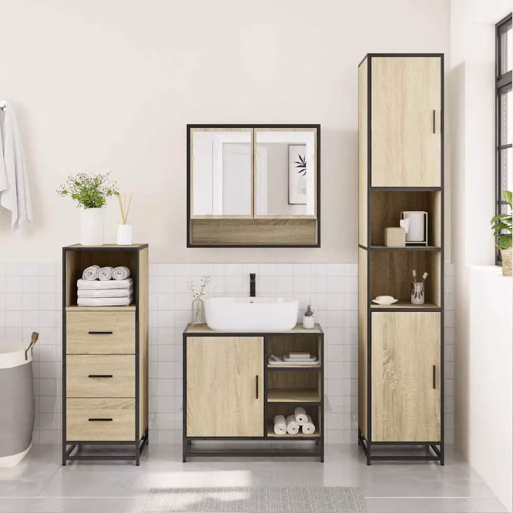 Berkfield Home 3 Piece Industrial Bathroom Furniture Set in Brown Sonoma Oak – 3
