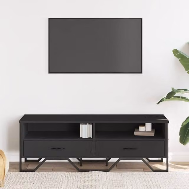 Berkfield Home Modern Black TV Cabinet in Matt MDF and Metal, W/D/H: 122 x 34 x 41 cm