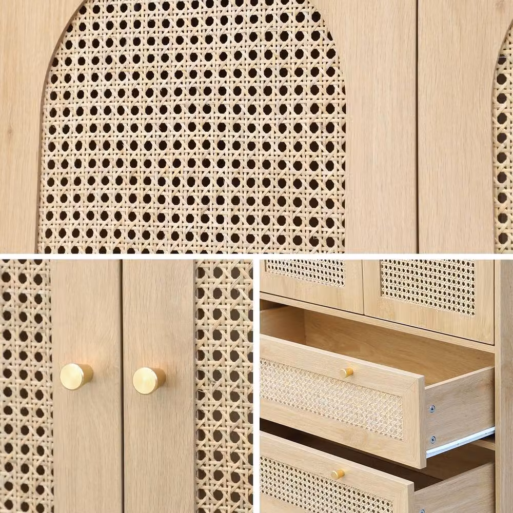 sweeek Boho Wardrobe with 2 Doors, 2 Drawers and Rattan Detail in Light Brown, H 180 x W 80 x D 50 cm – 3