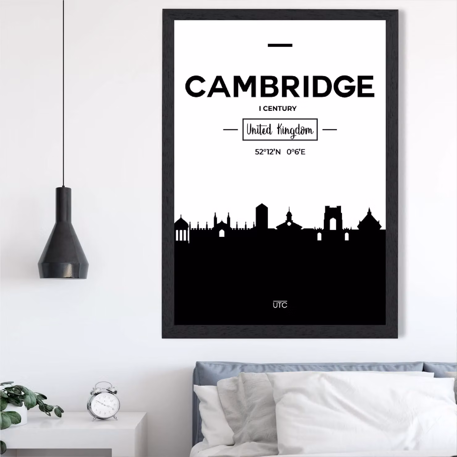 ARTZE Cambridge Black and White City Skyline Framed Print, A4, Black Frame – 2