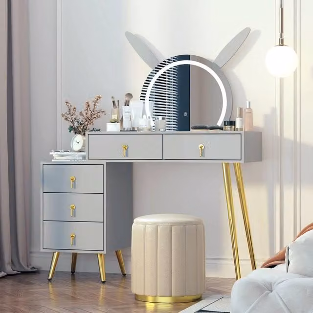 KEEPREAPER Modern Grey Dressing Table with LED Mirror and 5 Drawers featuring Metal Legs
