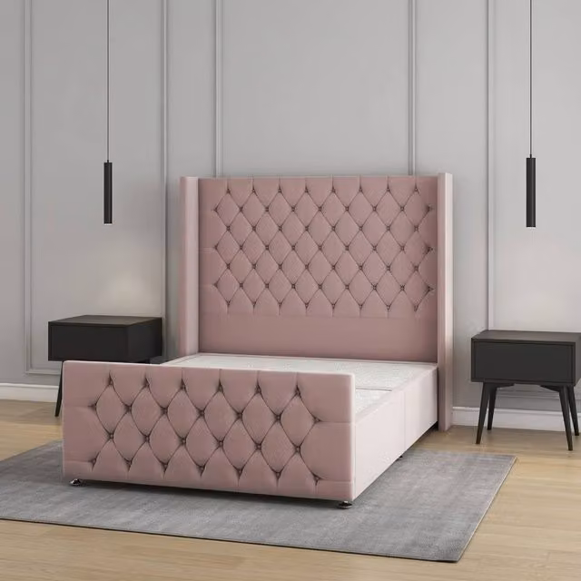Regional Furnishings Plush Velvet Small Double Divan Bed Set in Pink, W/D/H: 120 x 200 cm