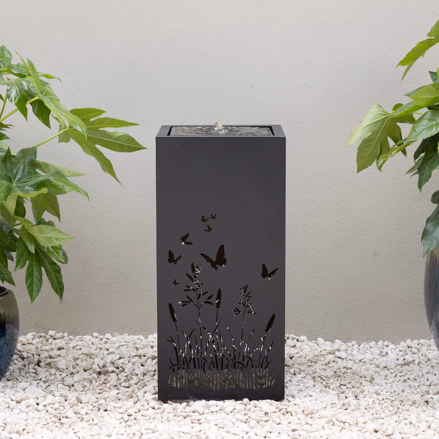 Primrose Wild Meadow and Butterfly Cut Out Metal Water Feature with LED Lights, Black, Height: 64 cm – 2
