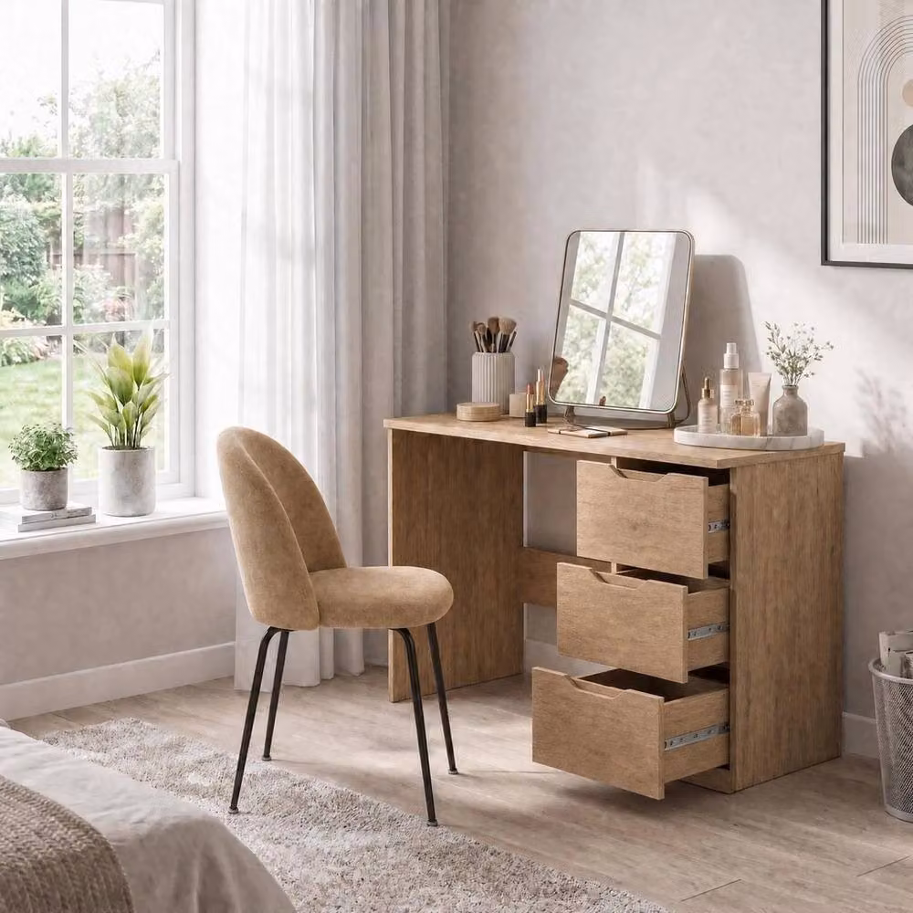 Havendro Oak 3 Drawer Dressing Table Vanity Desk in Light Oak Brown – 3