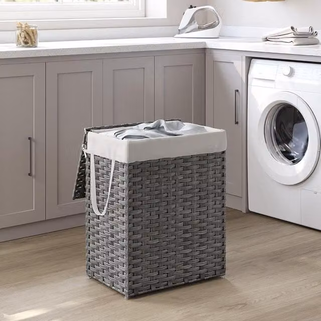 SONGMICS Large Fabric Laundry Storage Basket with Lid and Removable Bag, Grey – 1