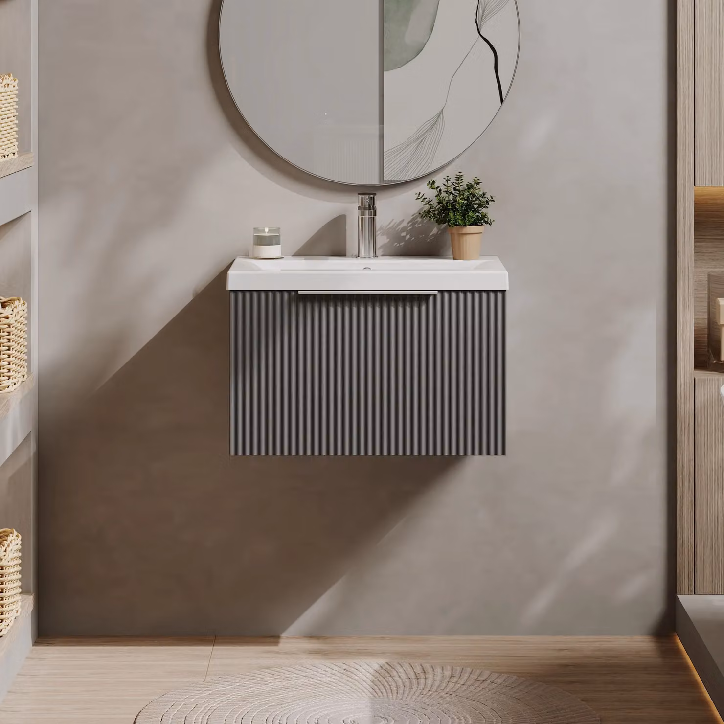 Balterley Fluted Wall Hung 1 Drawer Vanity Basin Unit and Basin in Satin Grey, Width: 600 mm – 2
