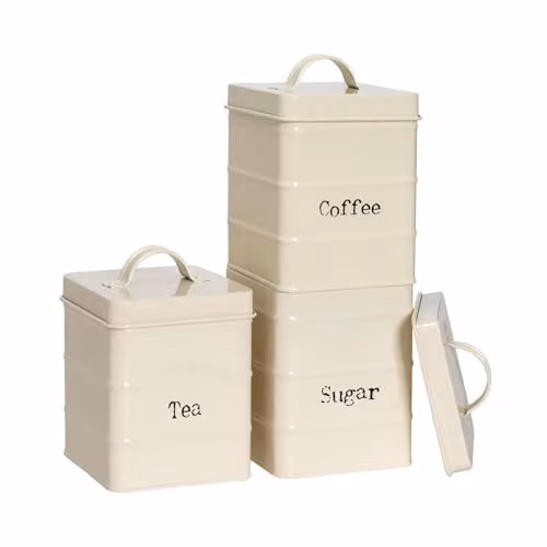 Harbour Housewares Metal Tea Coffee Sugar Canister Set in Beige and White with Airtight Lids – 1