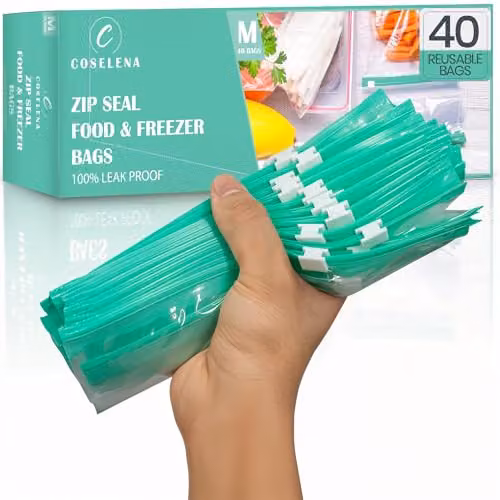 Tanness 40 Pack Airtight Reusable Freezer Bags, 2.27 l, Green and Transparent