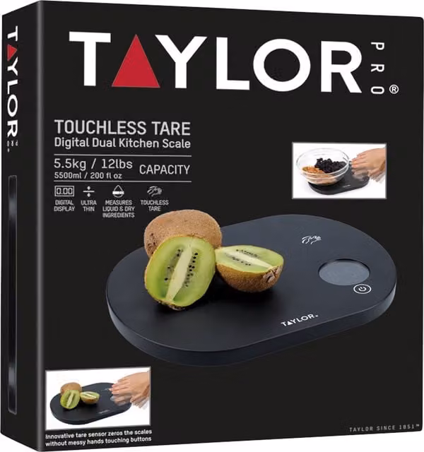 Taylor Pro Touchless Tare Digital Dual Kitchen Scale with Glass Surface, Black, 5.5kg