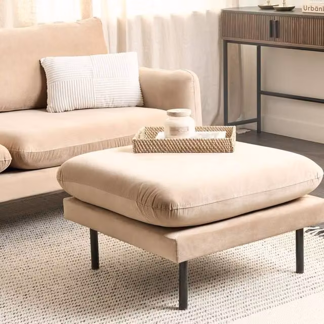 Wyld and Coco Beige Velvet Ottoman Footstool with Pillow-Top and Aluminium Legs