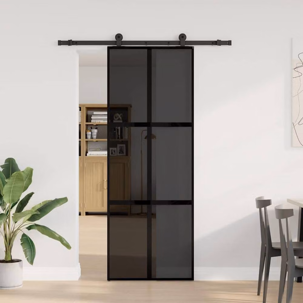 Berkfield Home Industrial Sliding Door with Hardware Set, Black Aluminium and Transparent Tempered Glass, W: 76 cm, H: 205 cm – 2