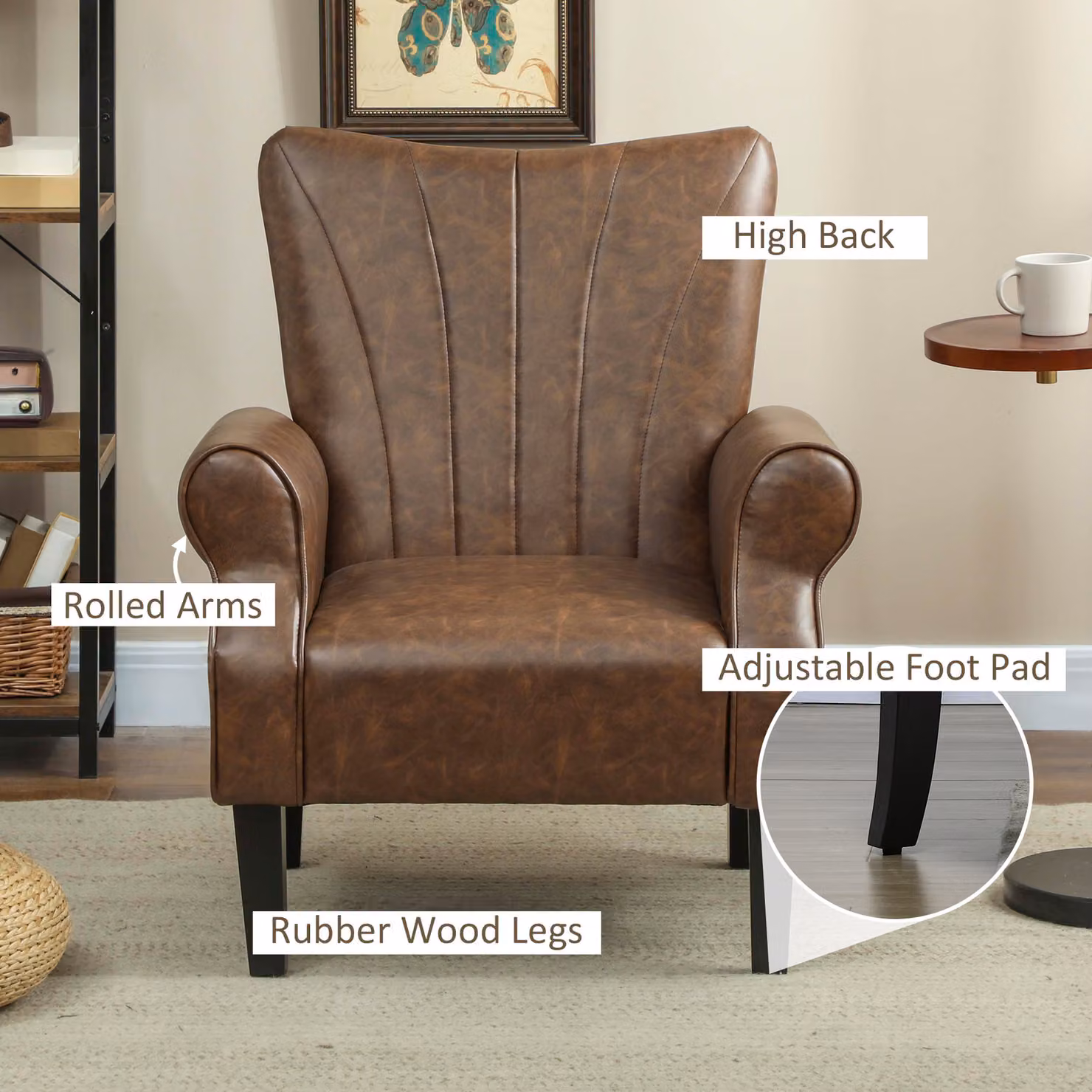 HOMCOM Brown Synthetic Leather Upholstered Accent Chair with Rolled Arms and Solid Wood Legs – 4