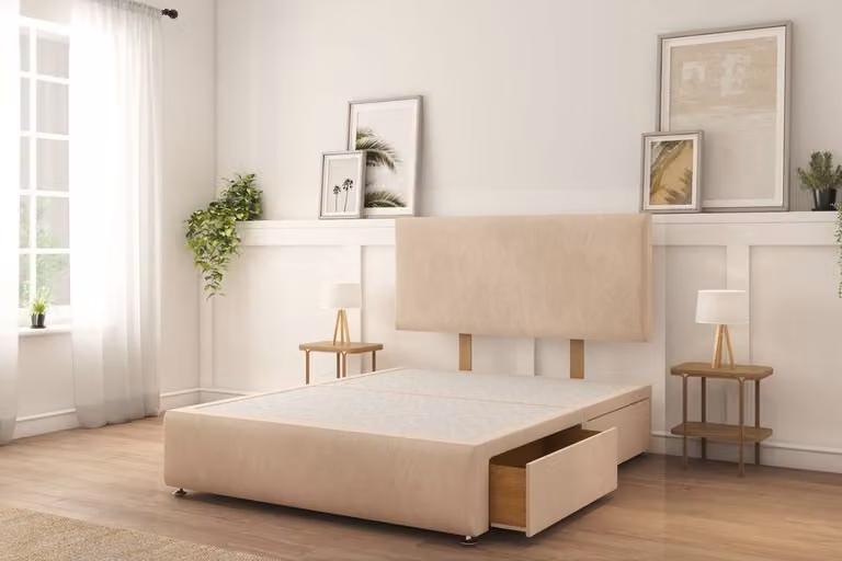 Sloomy Rutherford Naples Double Divan Bed Set with 2 Left Side Drawers, 26 inch Strutted Headboard and 12 inch Matching Footboard in Light Sand, W/D/H: 140 x 200 cm