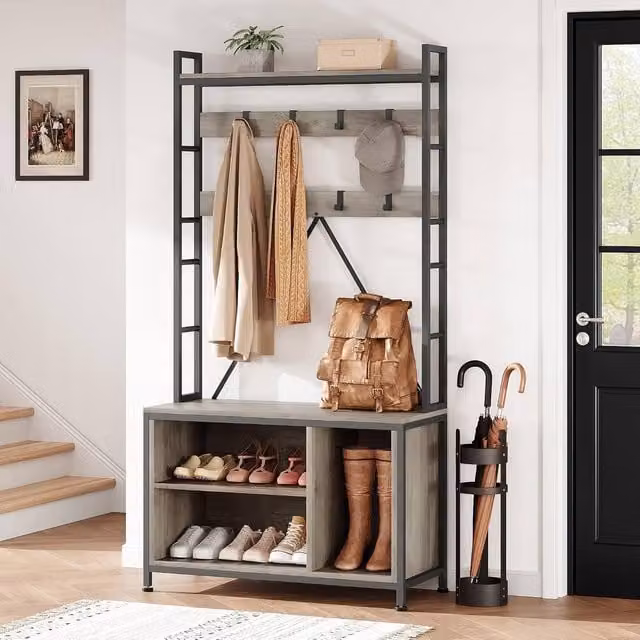 London Boutique 5-in-1 Hall Tree Shoe Bench and Entryway Organizer with 17 Hooks and Coat Rack in Grey