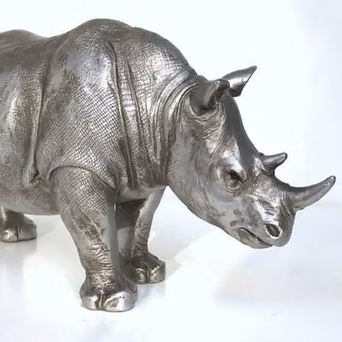 Animal Crackers Rhino Figurine in Silver Metal, Modern Tabletop Decor, Length: 26.5 cm – 2