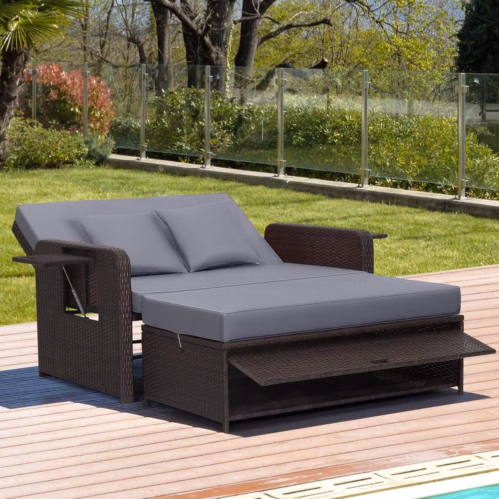 Costway Grey Polyrattan Patio Daybed Set with Loveseat Sofa, Ottoman and Side Tray – 10