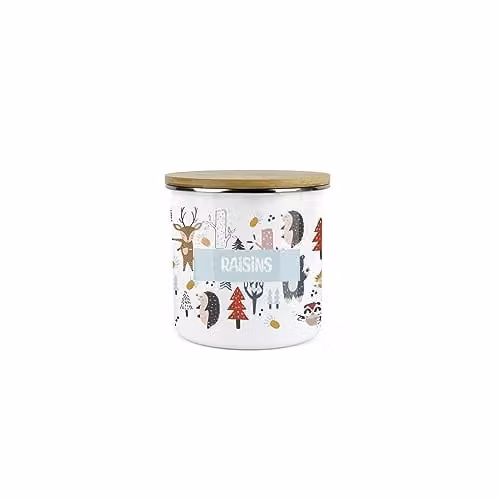 Purely Home Kids Mini Snack Pot Forest Animals Enamel Storage Container in White and Blue with Bamboo Lid