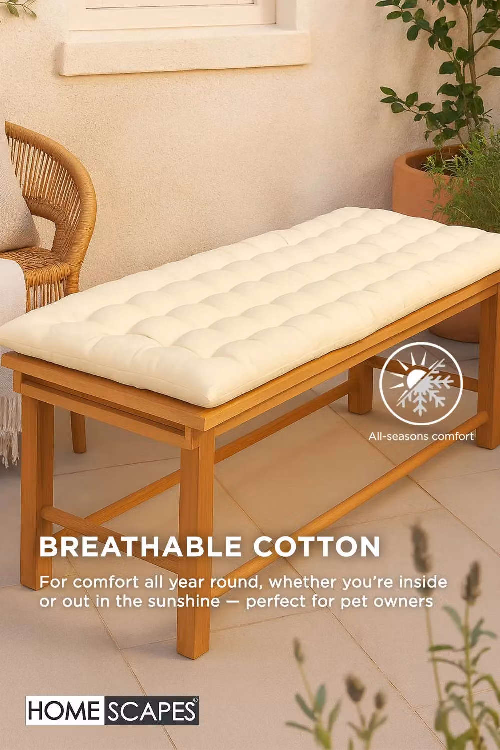 Homescapes Cream 2 Seater Garden Bench Cushion, W: 108 cm, D: 42 cm – 2
