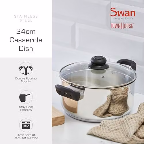 Swan Townhouse 24cm Stainless Steel Casserole Dish in Silver with Glass Lid – 2