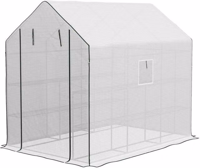 NESTLUNE White Walk-in Outdoor Greenhouse with Metal Frame, Mesh Windows and Shelving, H: 213 cm x W: 140 cm x D: 100 cm