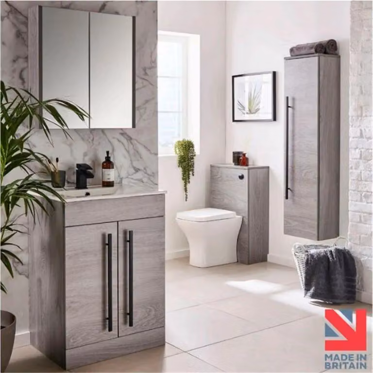 Clifton Silver Oak Grey Mirror Bathroom Cabinet with Soft Close Hinged Doors, W: 60 cm, H: 65 cm, D: 12 cm