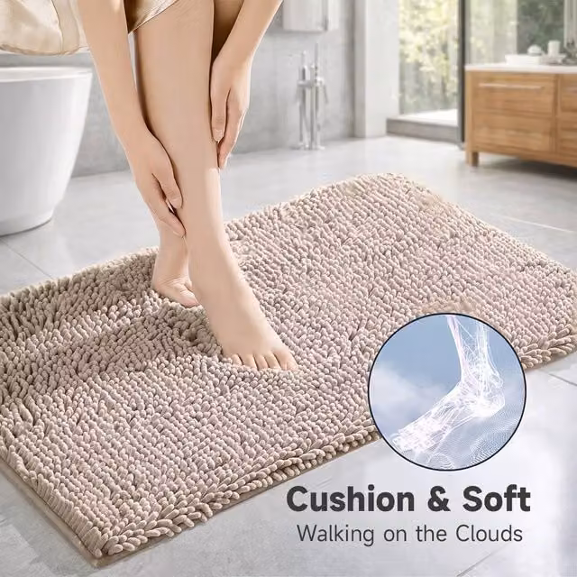 YnysTec Non-slip Water-absorbent Chenille Bathroom Mat and Hallway Rug in Beige, W 60 cm x D 90 cm