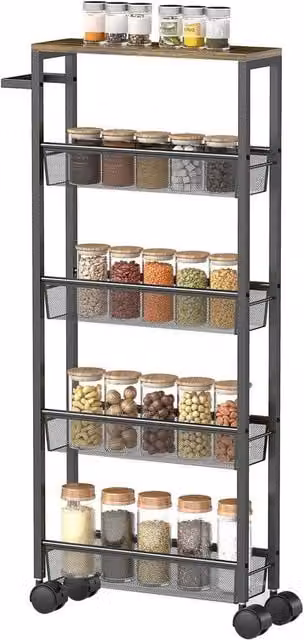 KORVIXA Rolling Kitchen Trolley, Slim Industrial Storage Cart with Metal and Wood Frame in Black – 1