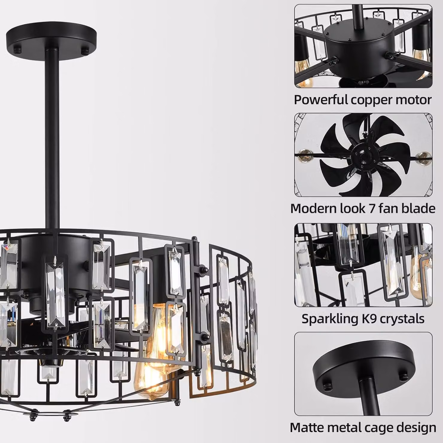 Garwarm Fandelier Ceiling Fan with Crystal Pendant Lamp, Black, Diameter: 50 cm – 3