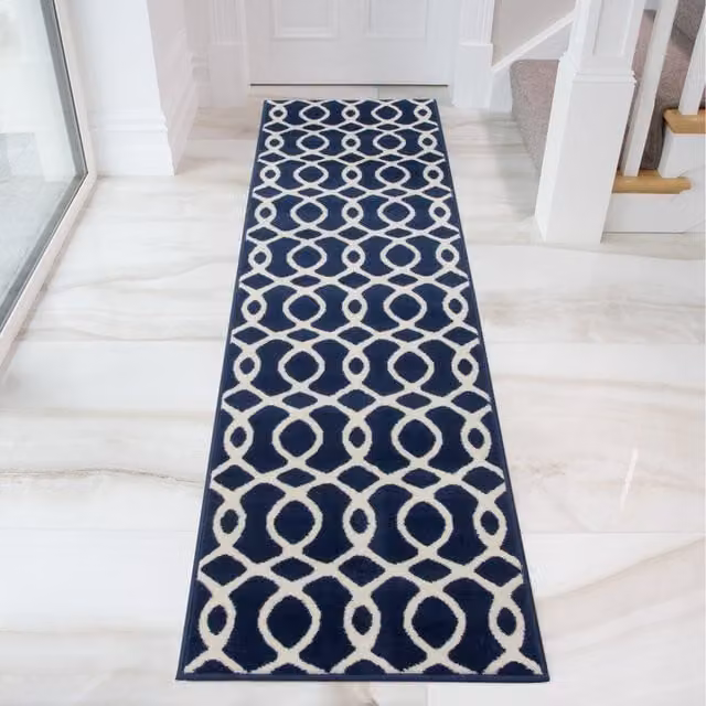 The Rug House Modern Geometric Trellis Living Room Rug in Blue and White, W: 240 cm, D: 60 cm
