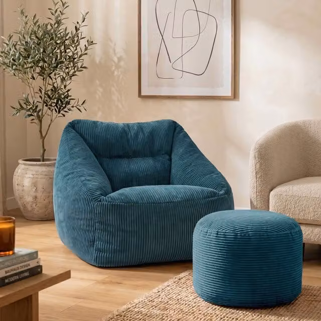 ICON Corduroy Bean Bag Armchair with Round Footstool in Petrol Green – 2