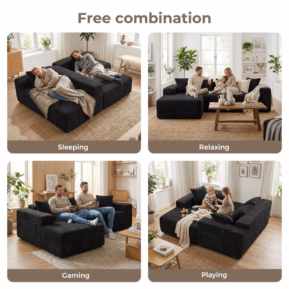 Dprodo 4 Seater Modular Left L-Shaped Sectional Sofa in Black Velvet Cord Fabric, Width: 261 cm – 8