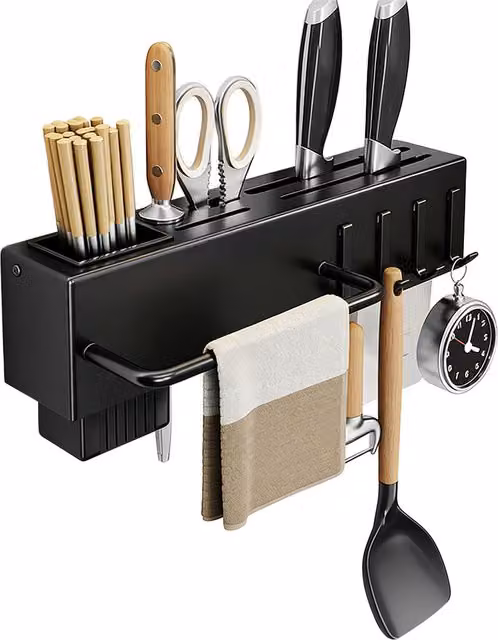Lifeideas Wall Mounted Metal Kitchen Utensil Rack with 4 Hooks, Black, W: 30 cm