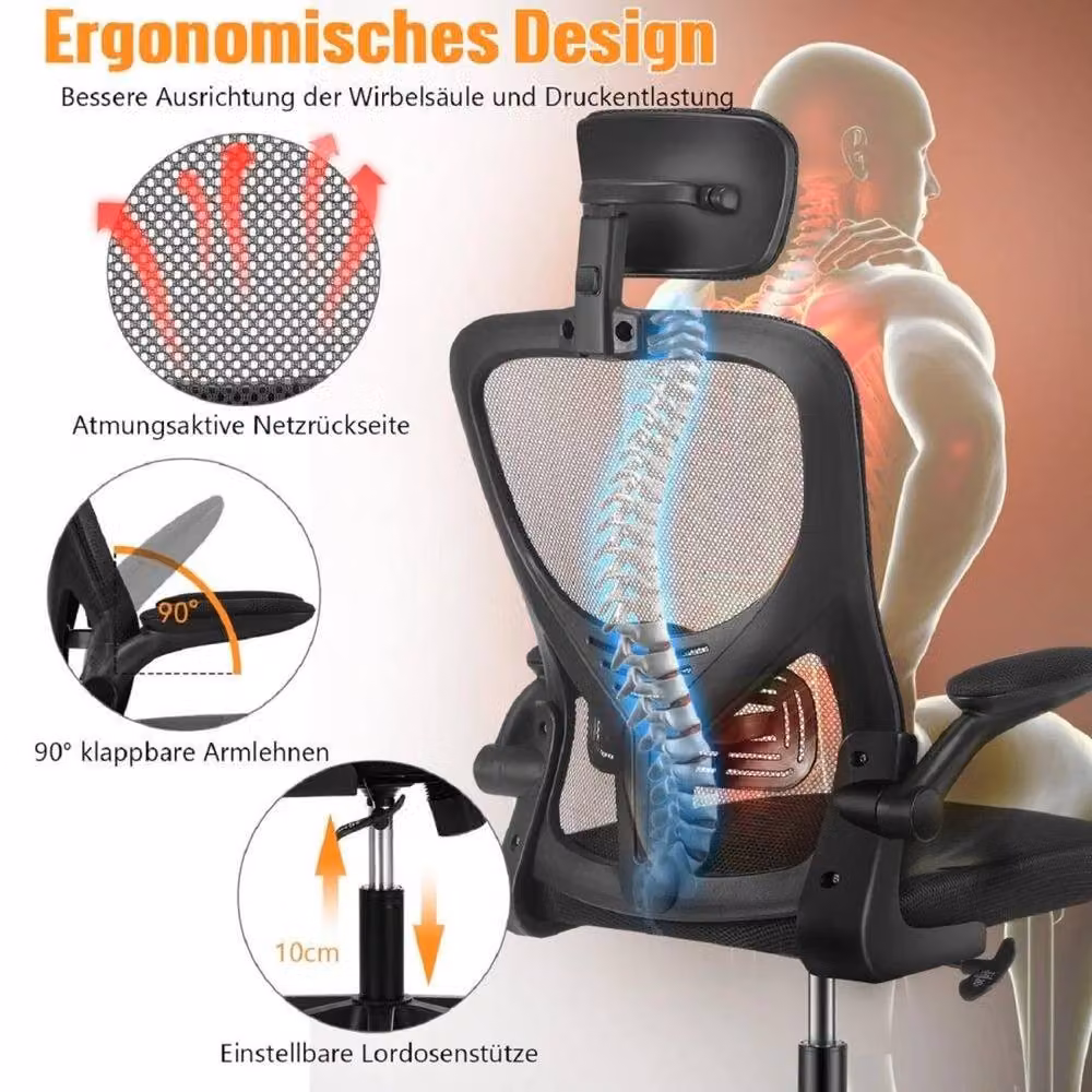 FLAVORA Black Fabric Mesh Task Chair with Adjustable Headrest and Armrests – 4