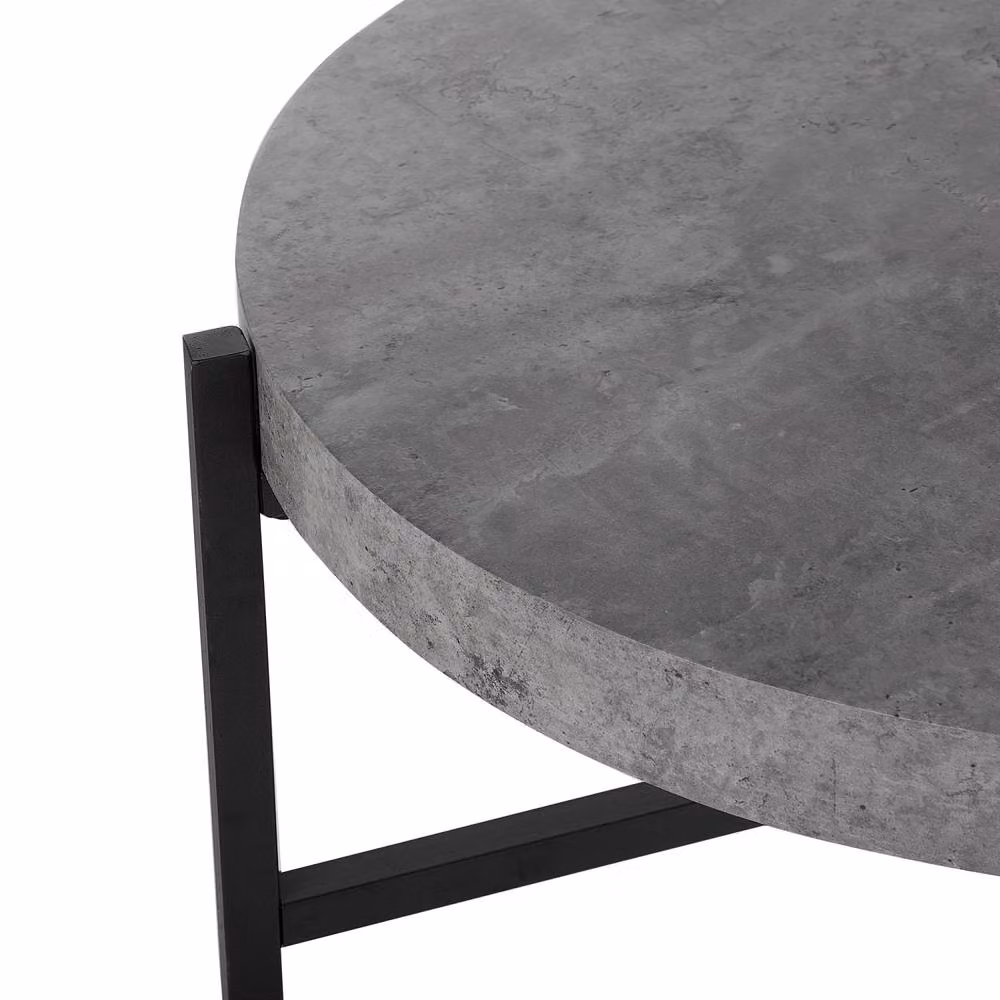 Wyld and Coco Industrial Round Coffee Table with Grey Concrete Effect Top and Black Metal Legs, Diameter: 70 cm, Height: 42 cm – 5