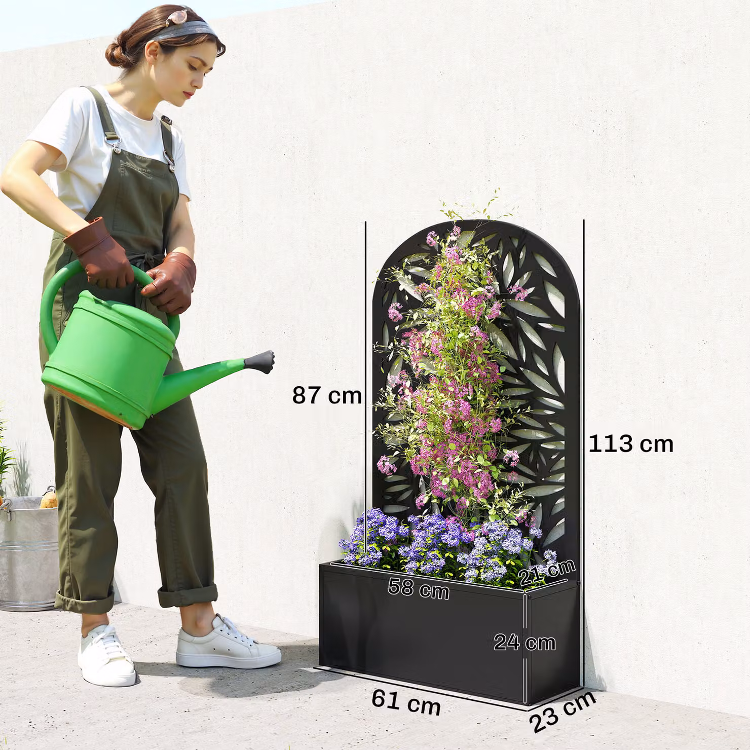 Outsunny Metal Garden Bed with Trellis and Curved Privacy Screen, Black Raised Planter for Ornamental or Vegetable Gardens – 3