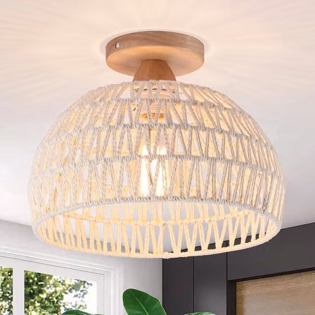 Garwarm White Rattan Boho Semi Recessed Ceiling Light with Wood Accents, E27 Vintage Chandelier – 1