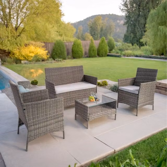 RayGar Vienna Deluxe Grey Rattan 4 Seater Sofa Set with Rectangular Glass Table