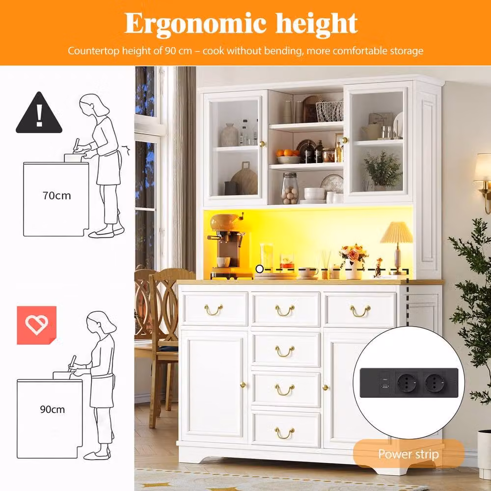 BTM Modern White Tall Kitchen Cabinet with Integrated LED Lighting and USB Ports, H 180 x W 40 x D 48.3 cm – 3