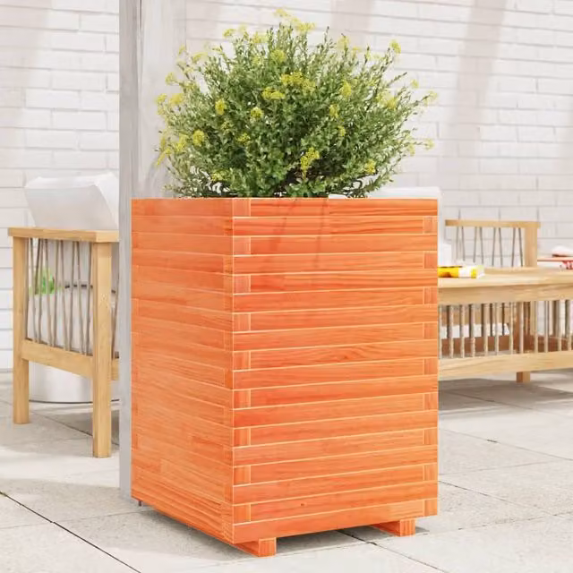 Berkfield Home Waxed Brown Pine Wood Garden Planter Tub W/D/H: 50 x 50 x 72 cm